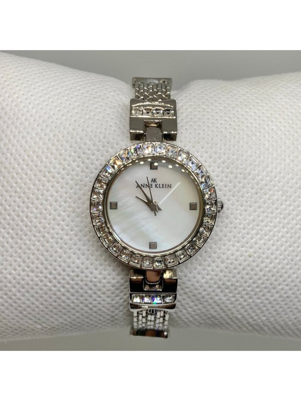 Anne Klein silver tone quartz analog 26mm mop dial rhinestones quartz running